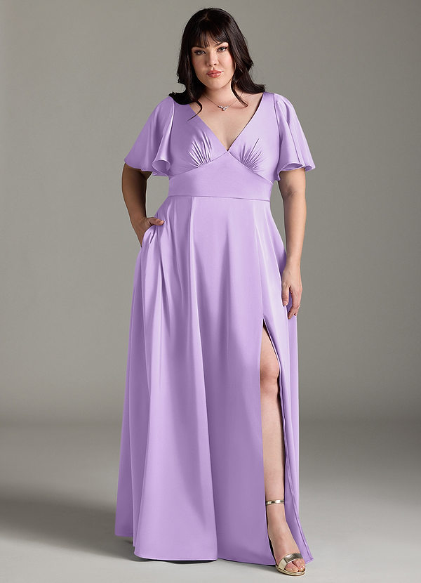 Azazie Kimber Bridesmaid Dresses Lilac A-Line Ruched Stretch Satin Dress image1
