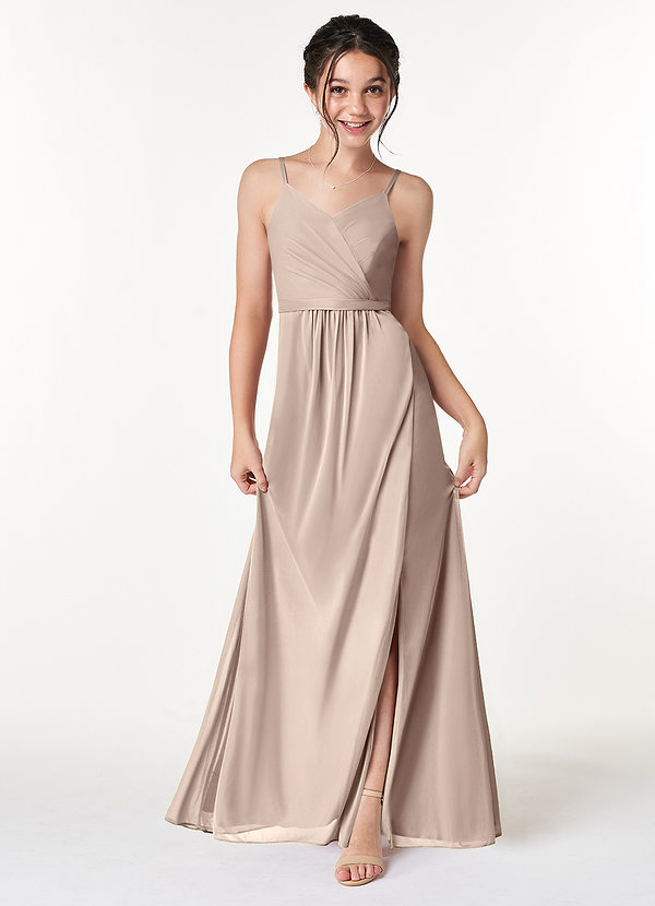 Azazie Luxy Junior Taupe Pleated Mesh Dress image1