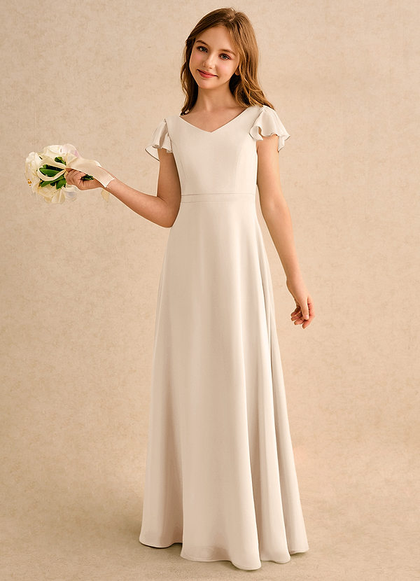 Azazie Nari Girls Formal Vestidos de Niña de Flores Vestido de Alabastro Blanco de Gasa de Corte en A con Con mangas image1