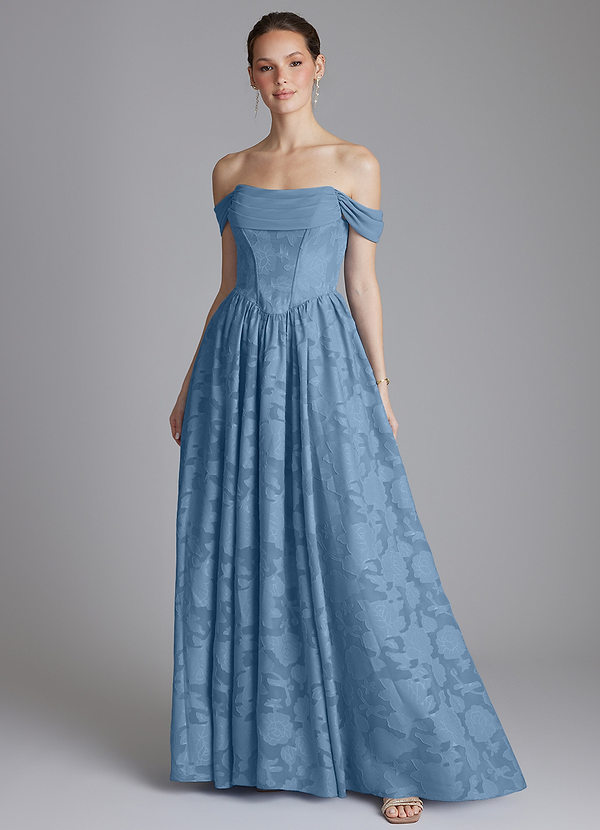 Azazie Raisa Bridesmaid Dresses Steel Blue A-Line Off the Shoulder Floral Burnout Dress image1