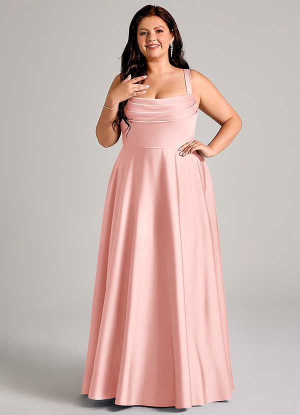 Azazie Shaude Bridesmaid Dresses Powder Pink A-Line Pleated Stretch Satin Dress image1