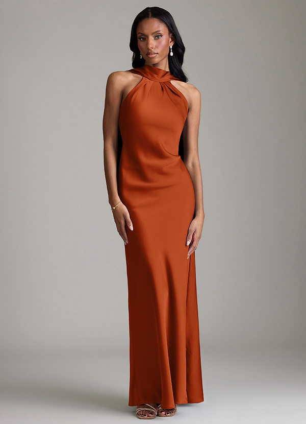 Azazie Cassiana Bruidsmeisjes Jurken Jurk van Stretch Satijn met Zeemeermin Geplooid Verbrande Sinaasappel image1