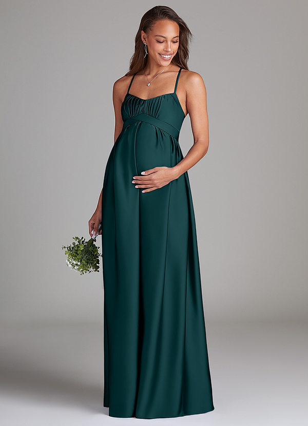 Azazie Llana Maternity Bridesmaid Dresses A-Line Stretch Satin Floor-Length Dress with Pockets image1