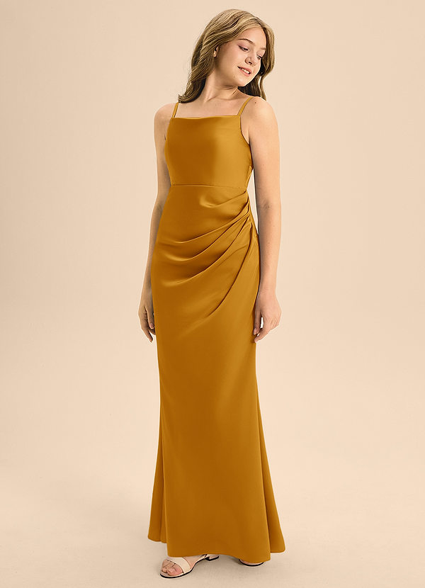 Azazie Renna Junior Butterscotch A-Line Pleated Stretch Satin Dress image1