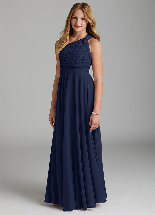 Azazie Charlize Junior Dark Navy A-Line Mesh Dress image1