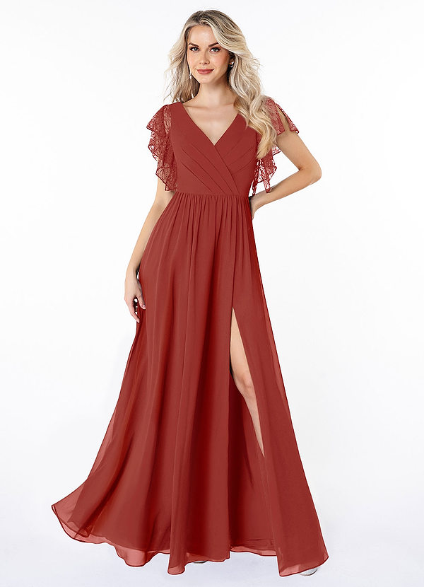 Azazie Zella Bridesmaid Dresses Terracotta A-Line Lace Chiffon Dress image1