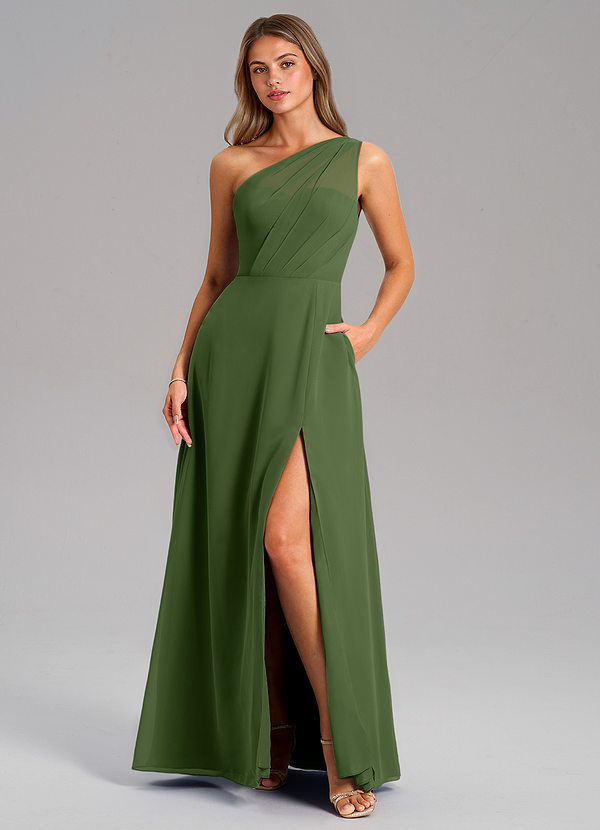 Azazie Phaedra Bridesmaid Dresses Vestido Oliva de Chiffon de Linha A com Um ombro image1