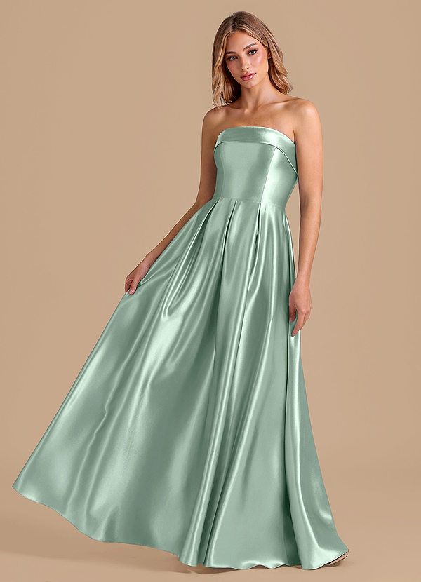 Azazie Lucienne Bridesmaid Dresses Agave A-Line Pleated Metallic Satin Dress image1
