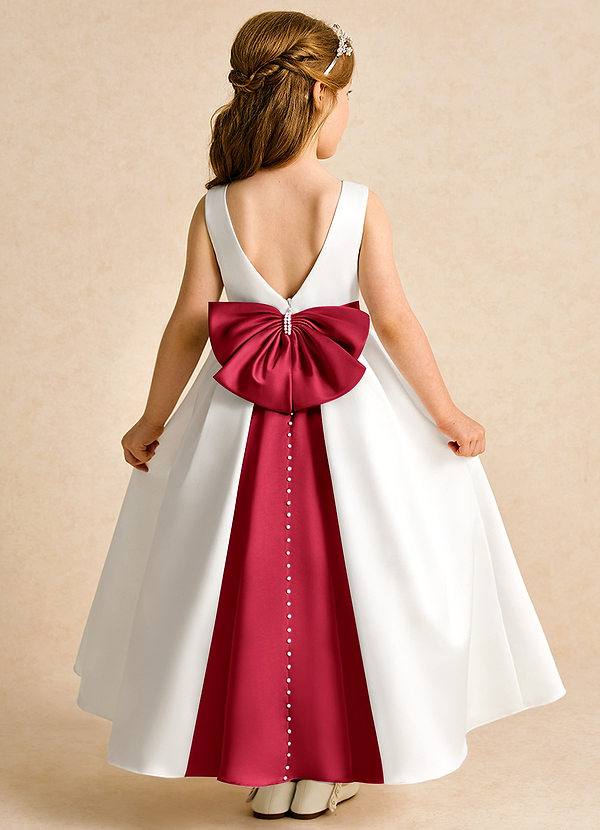 Azazie Cherry Flower Girl Dresses Ivory Scarlet Ball-Gown Pleated Matte Satin Dress image1