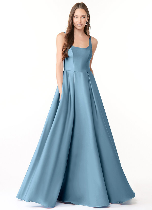 Azazie Neve Vestidos Dama de Honor Vestido de Azul Acero de Satén Elástico de Corte Princesa con Con bolsillos image1