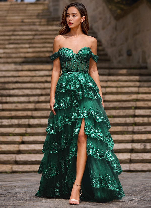 Glitz Verde Vestido de fiesta de corte A con volantes image1