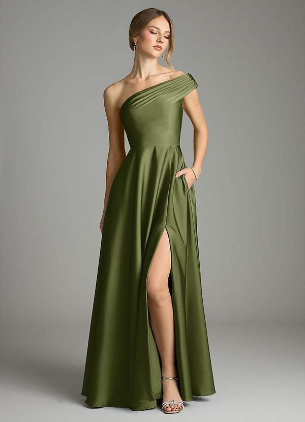 Azazie Melanie Bridesmaid Dresses Olive A-Line Off the Shoulder Stretch Satin Dress image1