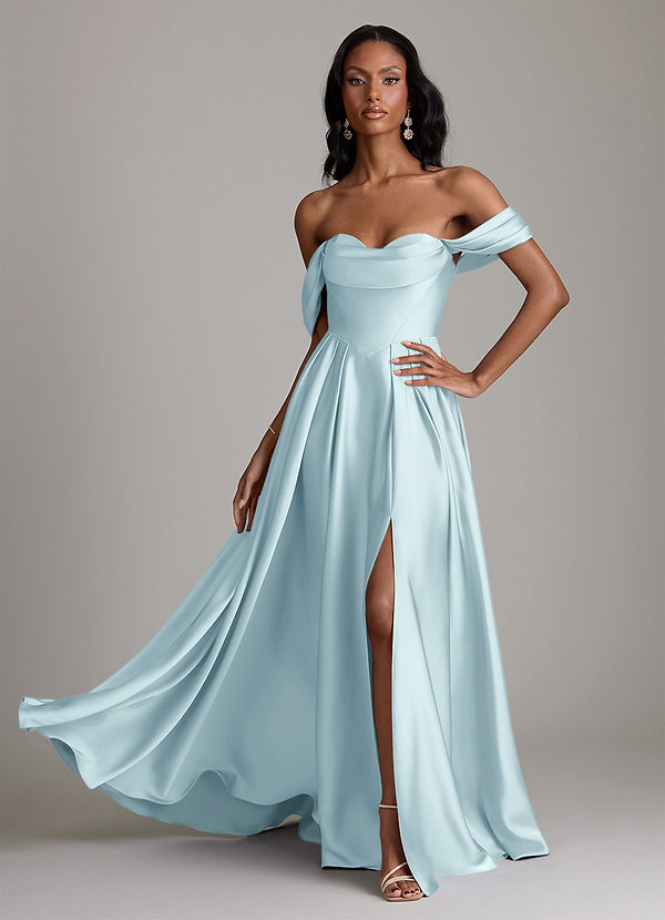 Azazie Loisa Suknie dla druhen Linia A Zza ramienia Satyna elastyczna Do ziemi Sukienka image1