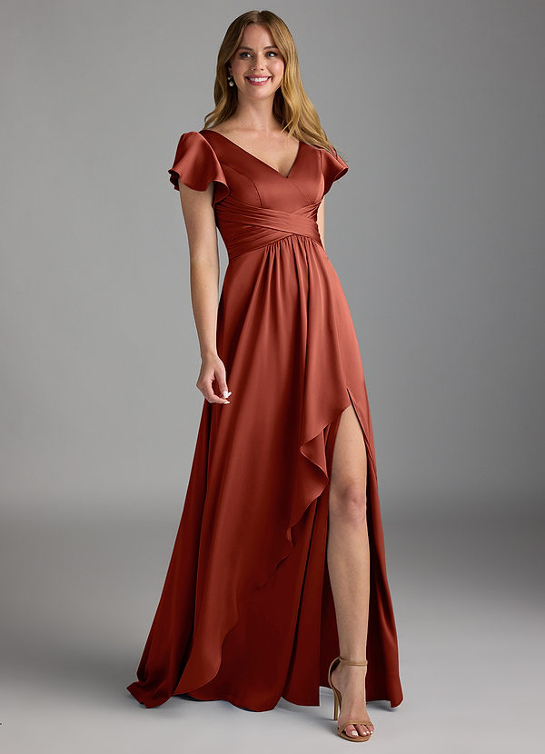 Azazie Omari Bruidsmeisjes Jurken Jurk van Stretch Satijn met A-Lijn Terracotta image1