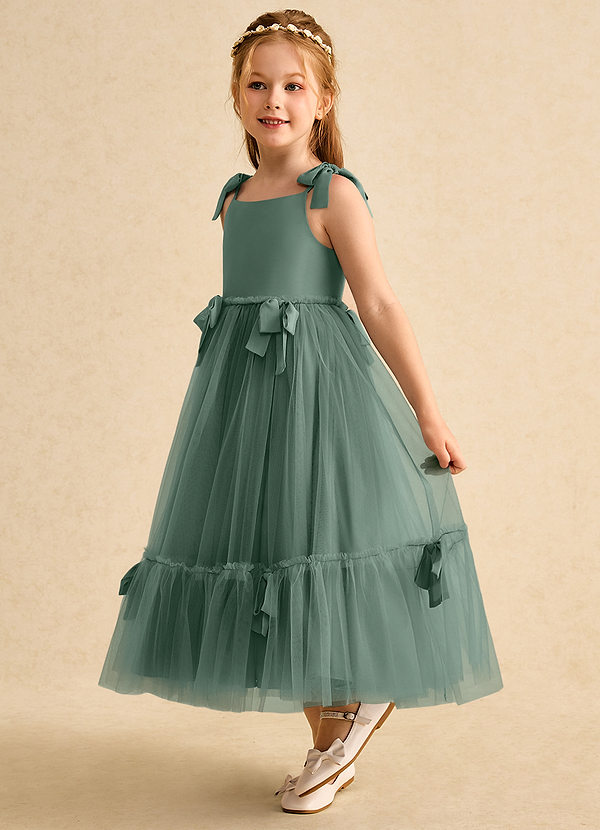 Azazie Jaci Blumenkinder Kleider A-Linie Spaghetti Riemen Chiffon Kleid Eukalyptus image1
