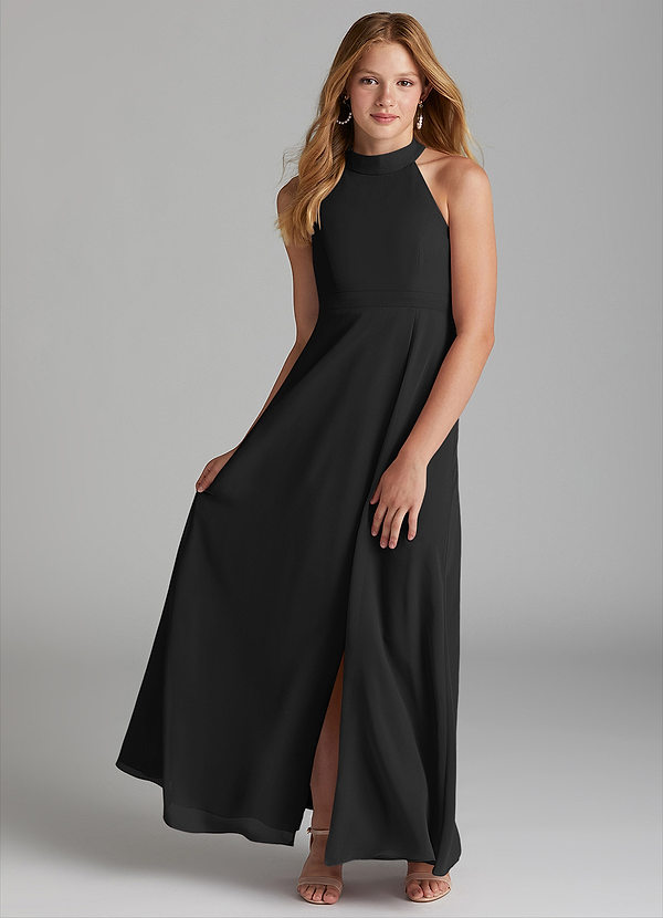 Azazie Clarice Junior Black A-Line Side Slit Chiffon Dress image1