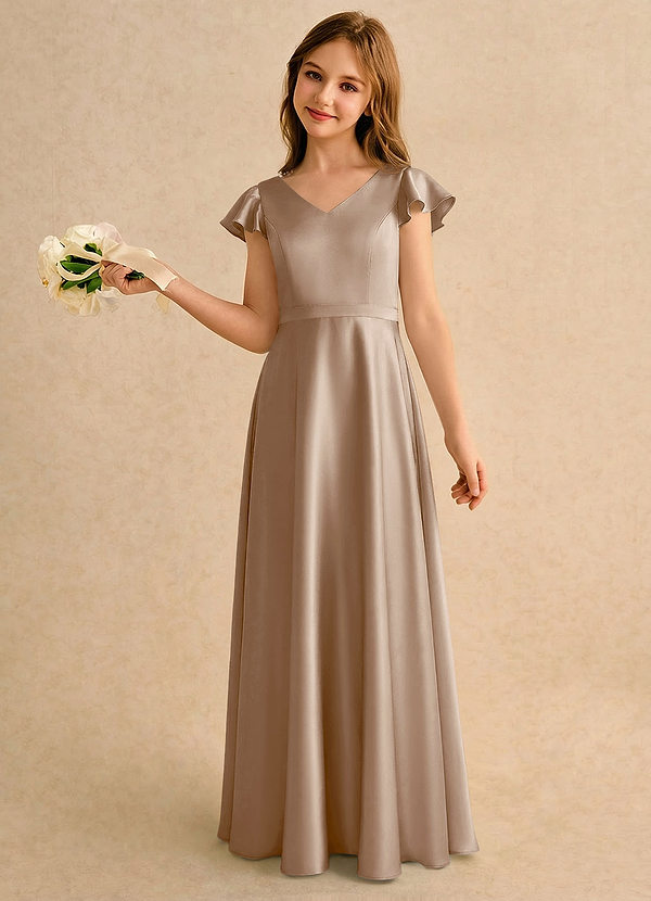 Azazie Nari Girls Formal Sukienki dla dziewczynek sypiących kwiaty Linia A z rękawami Satyna elastyczna Długość podłogi Sukienka image1