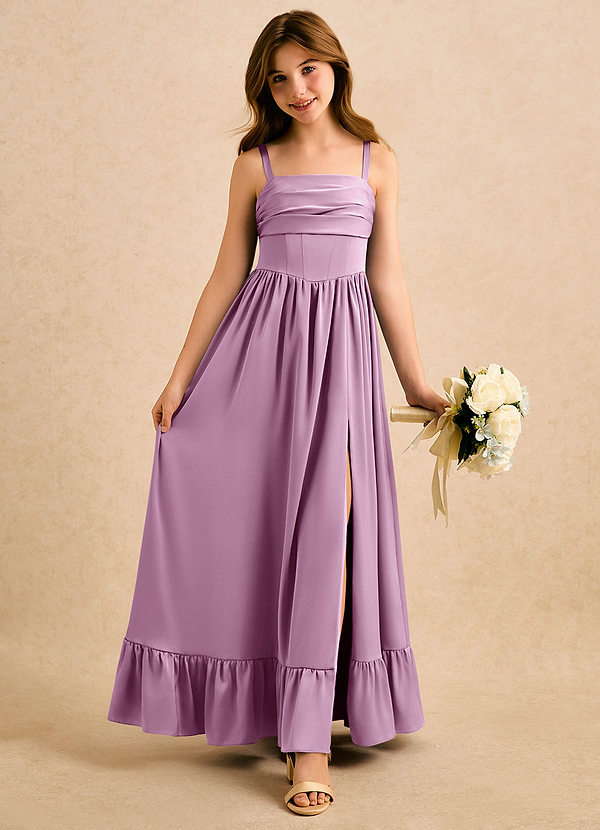 Azazie Maisie Girls Formal Sukienki dla dziewczynek sypiących kwiaty Linia A Marszczony Satyna elastyczna Długość podłogi Sukienka image1