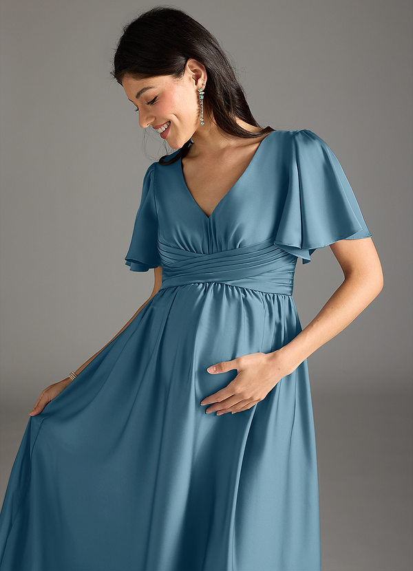 Azazie Verna Maternity Bridesmaid Dresses A-Line Ruched Stretch Satin Floor-Length Dress image1