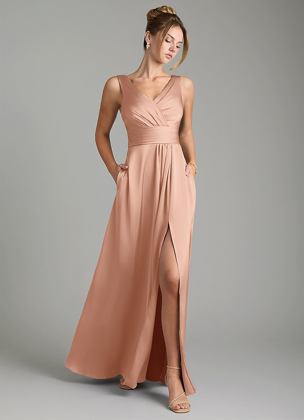 Karina Vestidos de dama de honor Vestido Oro Rosa de Satén Elástico de Línea A con Plisado image1