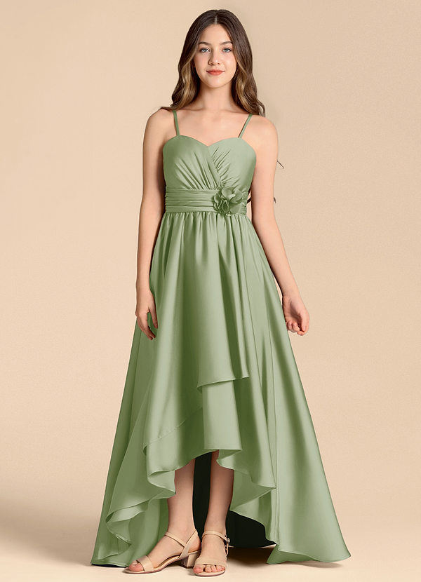 Azazie Catalina Junior Abito A-Line in Raso Elasticizzato Scollo a Cuore Verde Salvia image1