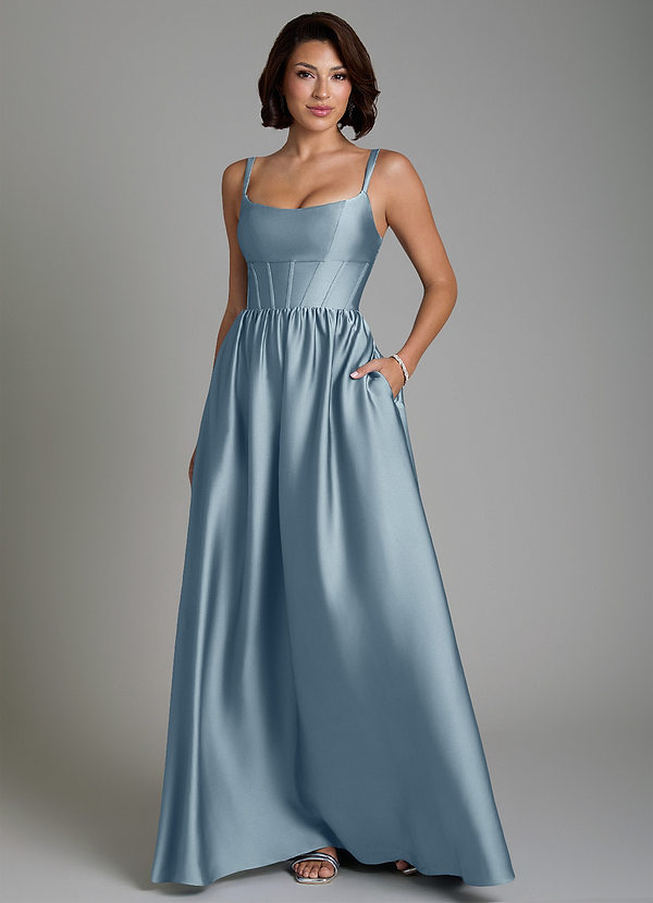 Azazie Mona Vestidos de dama de honor Vestido Azul Polvoriento de Satén Elástico de Línea A con Corsé image1