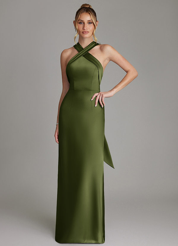 Azazie June Bridesmaid Dresses Olive Sheath Stretch Satin Dress image1