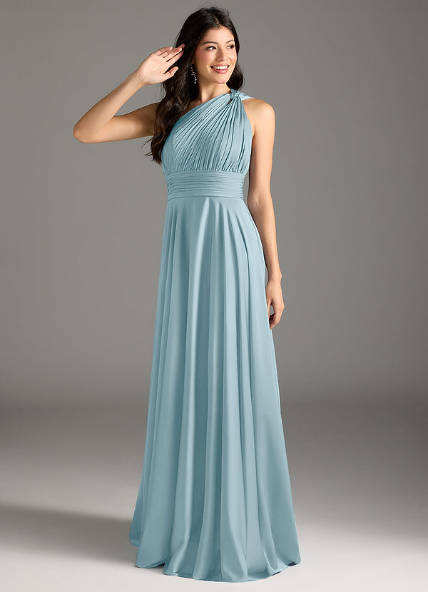 Azazie Charlize Bridesmaid Dresses Moody Blue A-Line One Shoulder Stretch Satin Dress image1
