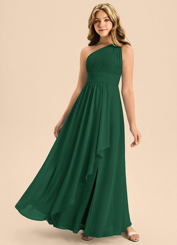Azazie Skye Junior Vestido Verde Oscuro de Gasa de Corte en A con Plisado image1