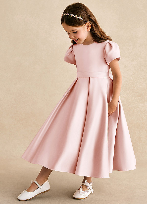 Azazie Princess Flower Girl Dresses Vestir Rosa Corado de Cetim fosco de Linha A com Plissado image1