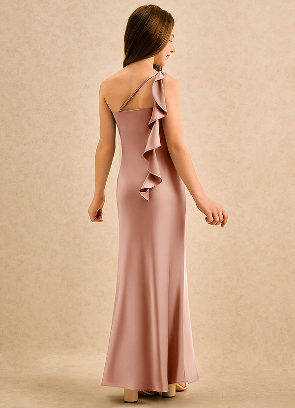Azazie Almond Girls Formal Flower Girl Dresses Rose Gold Sheath One Shoulder Stretch Satin Dress image1