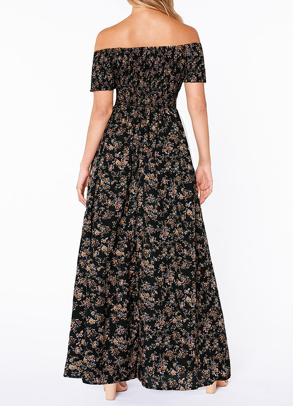 back Davie Black Floral Print Off-The-Shoulder Smocked Maxi Dress