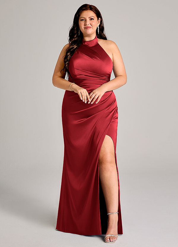 Azazie Jemma Vestidos Dama de Honor Vestido de Escarlata de Satén Elástico de Corte Recto con Plisado image1