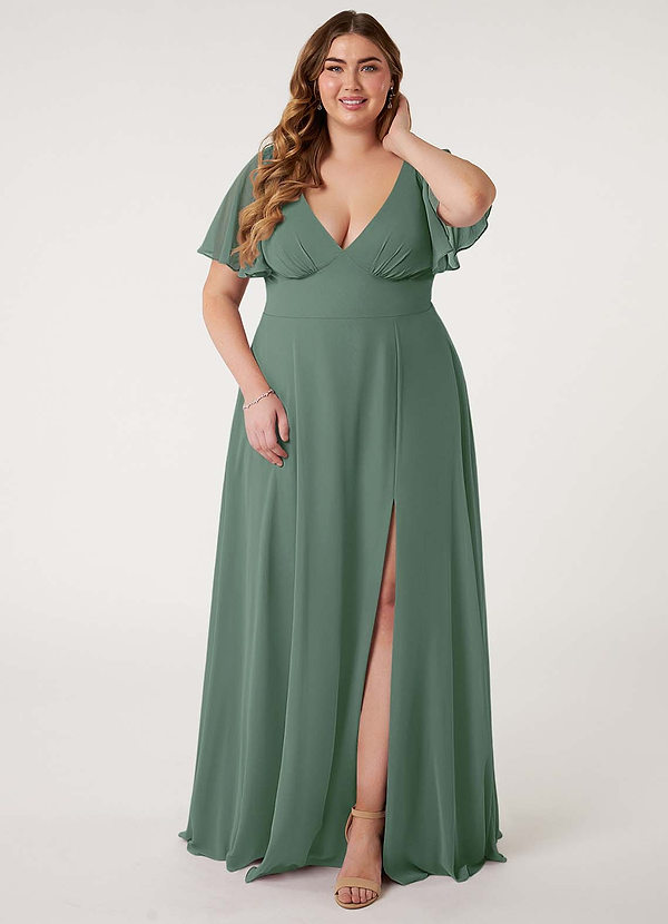 Azazie Kimber Bridesmaid Dresses Eucalyptus A-Line Flounce Sleeve Chiffon Dress image1