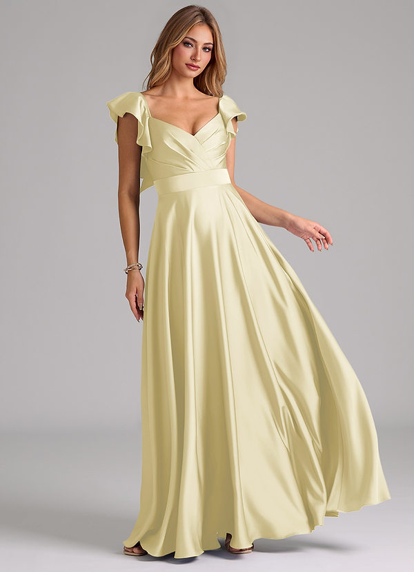Azazie Leilani Bridesmaid Dresses Lemon Sorbet A-Line Ruched Stretch Satin Dress image1