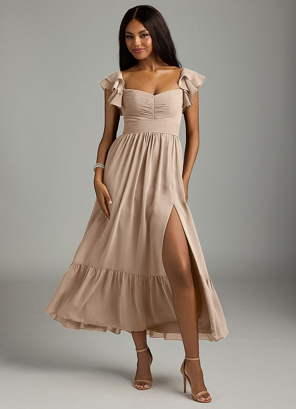 Azazie Anaya Bridesmaid Dresses Taupe A-Line Pleated Chiffon Dress image1