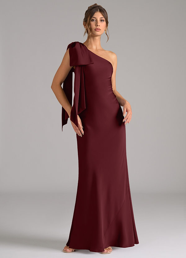 Azazie Capri Bridesmaid Dresses Cabernet Mermaid One Shoulder Stretch Satin Dress image1