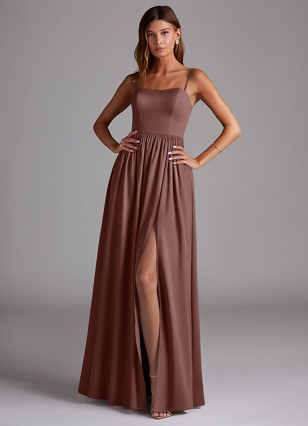 Azazie Calianna Bridesmaid Dresses Espresso A-Line Off the Shoulder Stretch Satin Convertible Dress image1