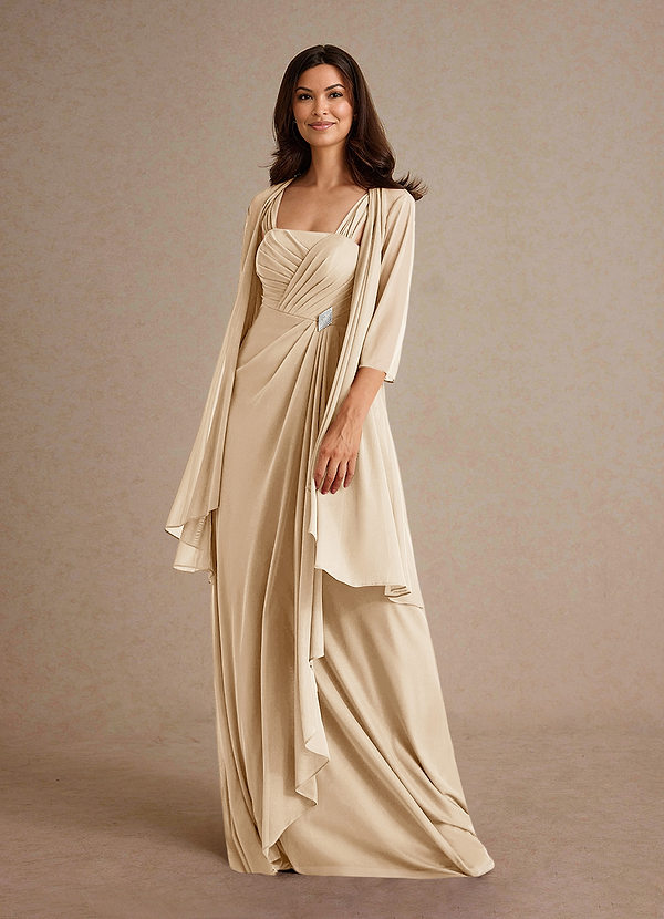 Azazie Clinton Mother of the Brides Dresses Champagne A-Line Pleated Mesh Dress image1