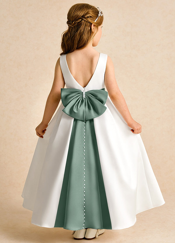 Azazie Cherry Flower Girl Dresses Ivory Eucalyptus Ball-Gown Pleated Matte Satin Dress image1