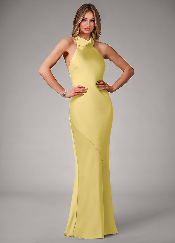 Azazie Velli Brudtärneklänningar Klä av Sjöjungfru i Stretch Satin Hög hals Kanariefågel image1