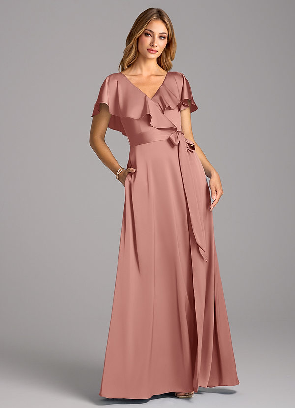 Azazie Lainey Bridesmaid Dresses Rosette A-Line with Pockets Stretch Satin Dress image1