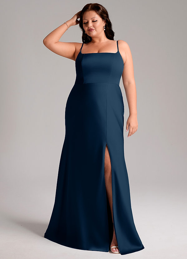 Azazie Lidia Vestidos Dama de Honor Vestido de Azul Marino Oscuro de Satén Elástico de Corte Sirena con Corte Lateral image1