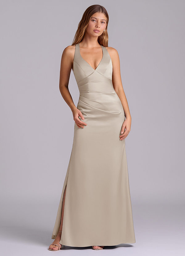 Azazie Amelie Suknie dla druhen Linia A Pofałdowany Satyna elastyczna Do ziemi Sukienka image1