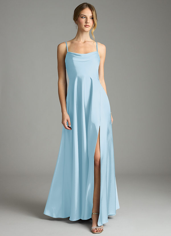 Azazie Elle Bridesmaid Dresses Sky Blue A-Line Pleated Stretch Satin Dress image1