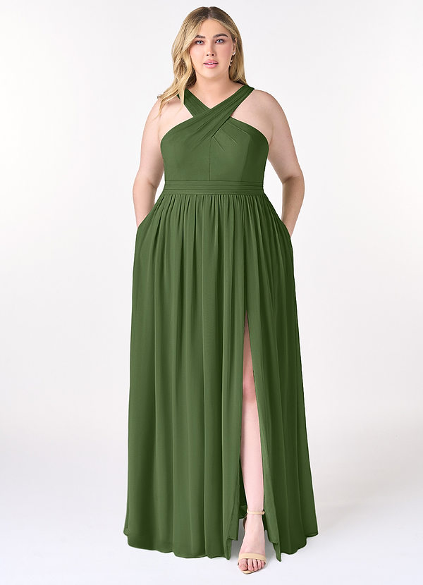Azazie Elvira Bridesmaid Dresses Olive A-Line Pleated Chiffon Dress image1