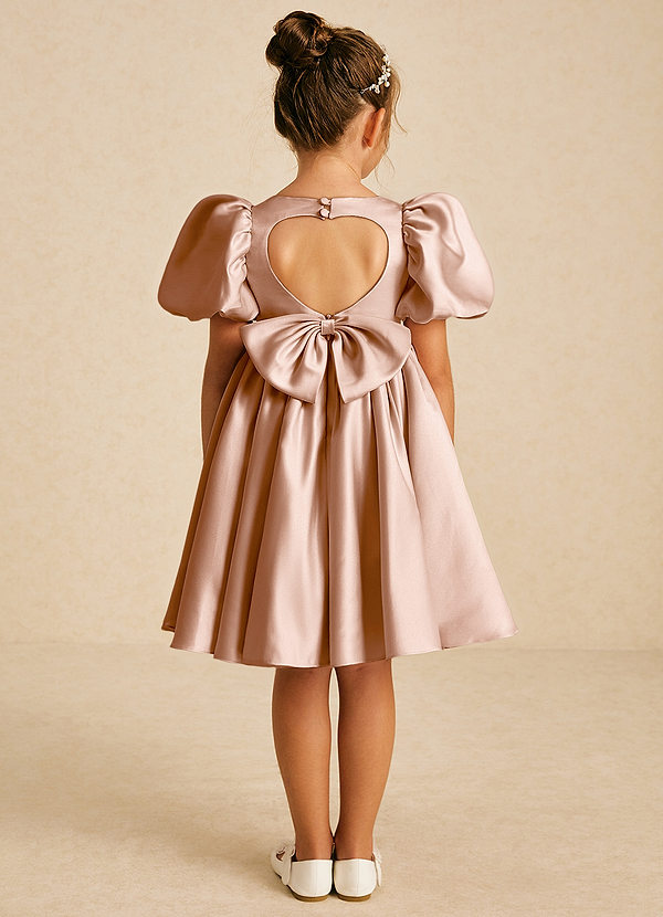 Azazie Muffin Flower Girl Dresses Champagne Rose A-Line with Sleeves Matte Satin Dress image1