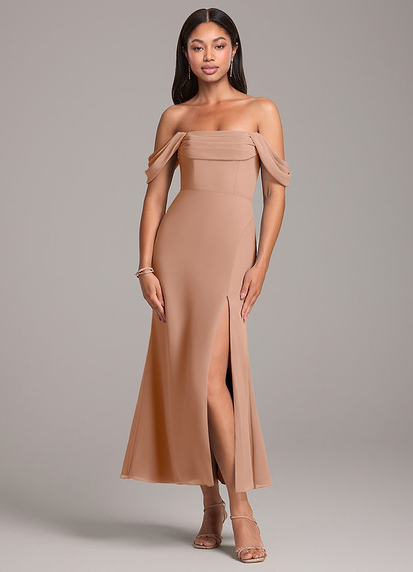 Azazie Saige Bridesmaid Dresses Champagne Rose Sheath Off the Shoulder Chiffon Convertible Dress image1