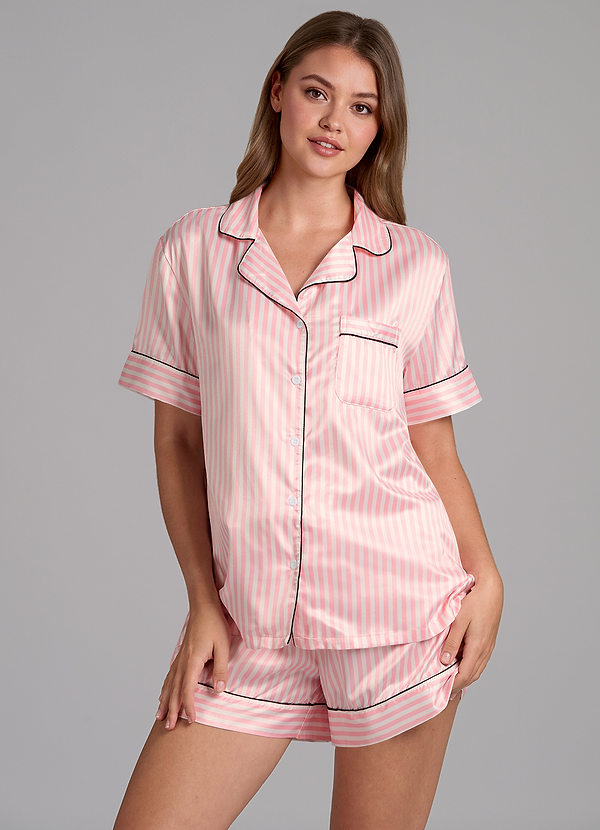 Satin Striped Piping Short Sleeve Pajama Set front