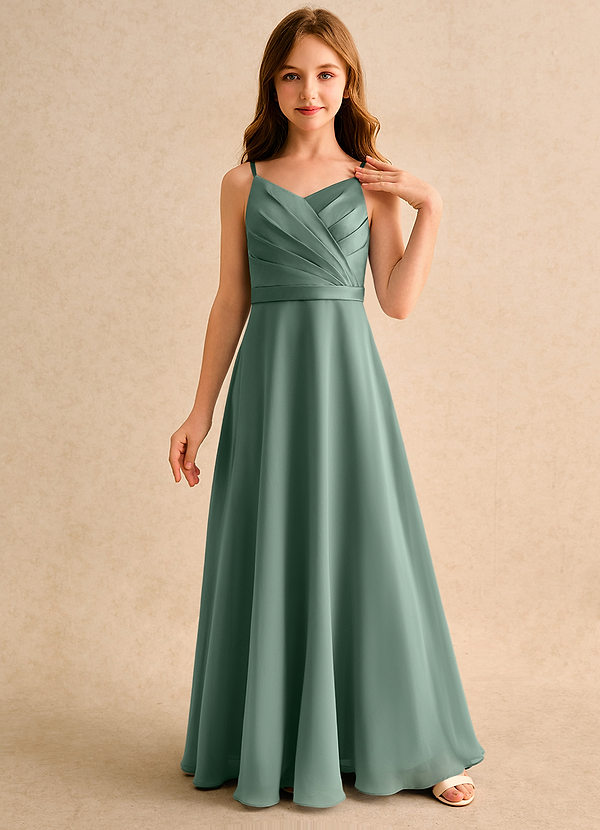 Azazie Umina Girls Formal Flower Girl Dresses Eucalyptus A-Line Pleated Matte Satin Dress image1